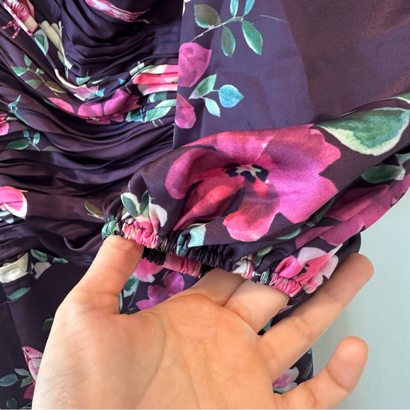 Mac Duggal Ieena Purple One Shoulder Long Sleeve Floral Pink Wedding Guest Dress - Picture 13 of 16